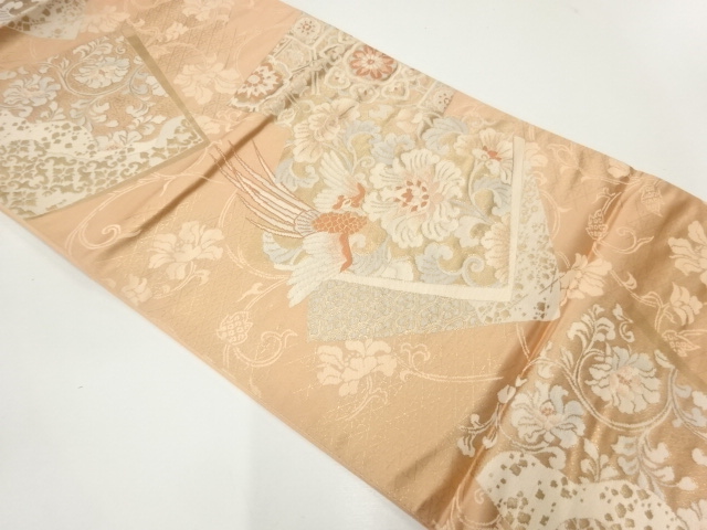 未使用品　色紙に花鳥模様織出し袋帯